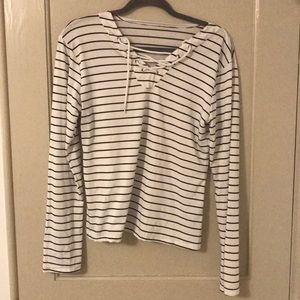 White and black striped lace up top